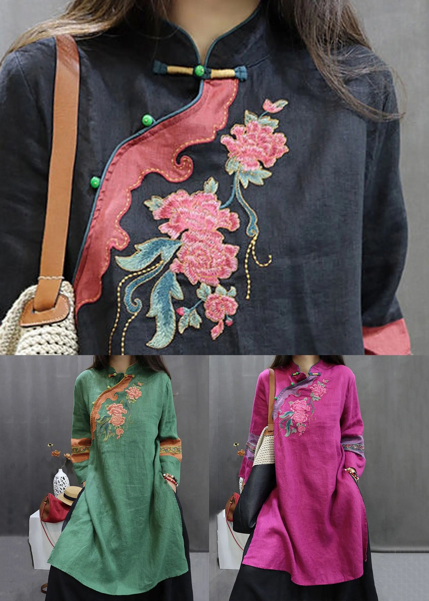 Green Chinese Button Linen Fall Shirt Embroidered
