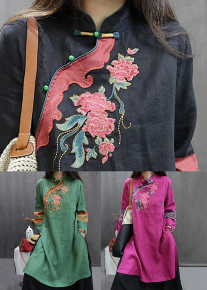 Loose Black Embroidered Side Open Linen Shirts Fall