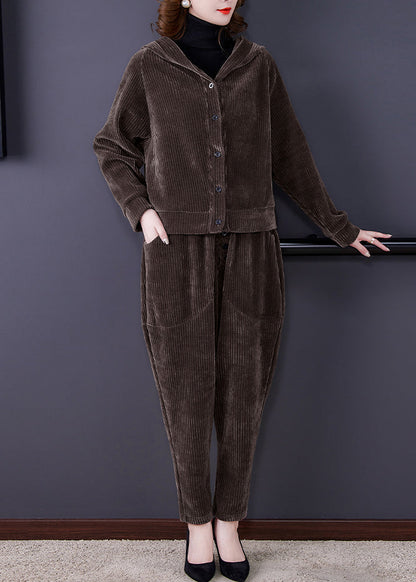 Coffee Patchwork Hooded Corduroy Coats and Harem Pants Two Pieces Set Fall
