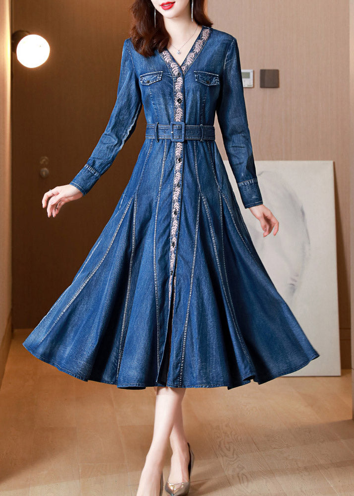 Blue V Neck Print Button Sashes Silk Denim Maxi Dresses Long Sleeve Spring
