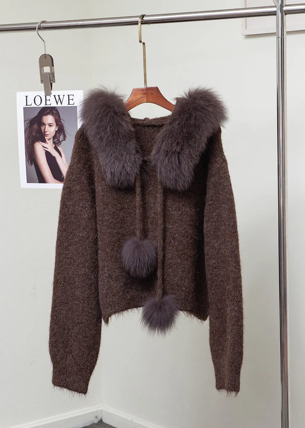 Fox Collar Fuzzy Ball Decorated Warm Knit Sweater Winter