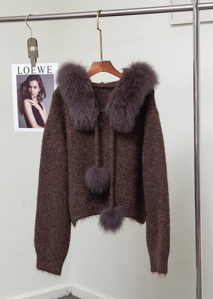Fox Collar Fuzzy Ball Decorated Warm Knit Sweater Winter