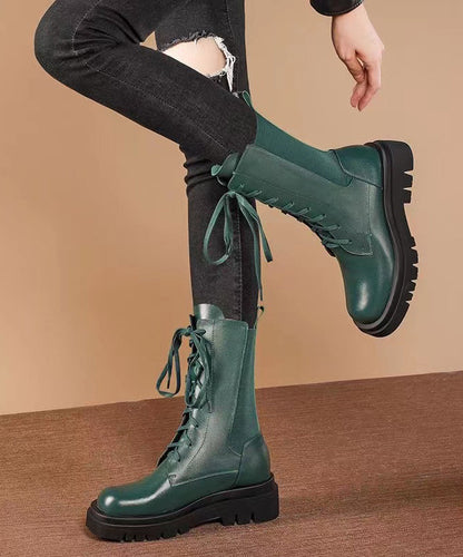 Splicing Platform Boots Green Cowhide Leather Cross Strap