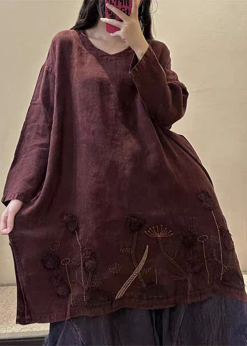 Mulberry V Neck Embroideried Patchwork Linen Mid Dresses Fall