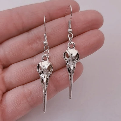 Triple Moon Pentagram Crow Skull Earrings