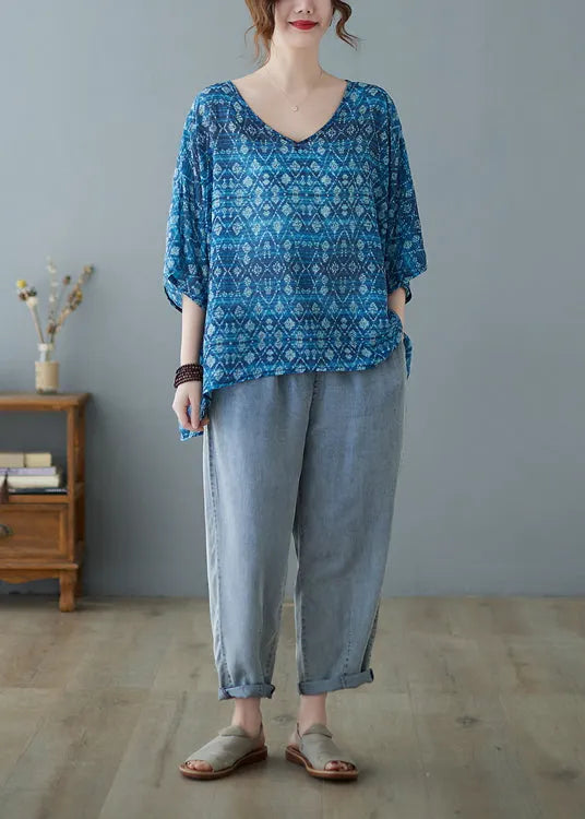 Loose Blue V Neck Low High Design Print Blouse Tops Half Sleeve