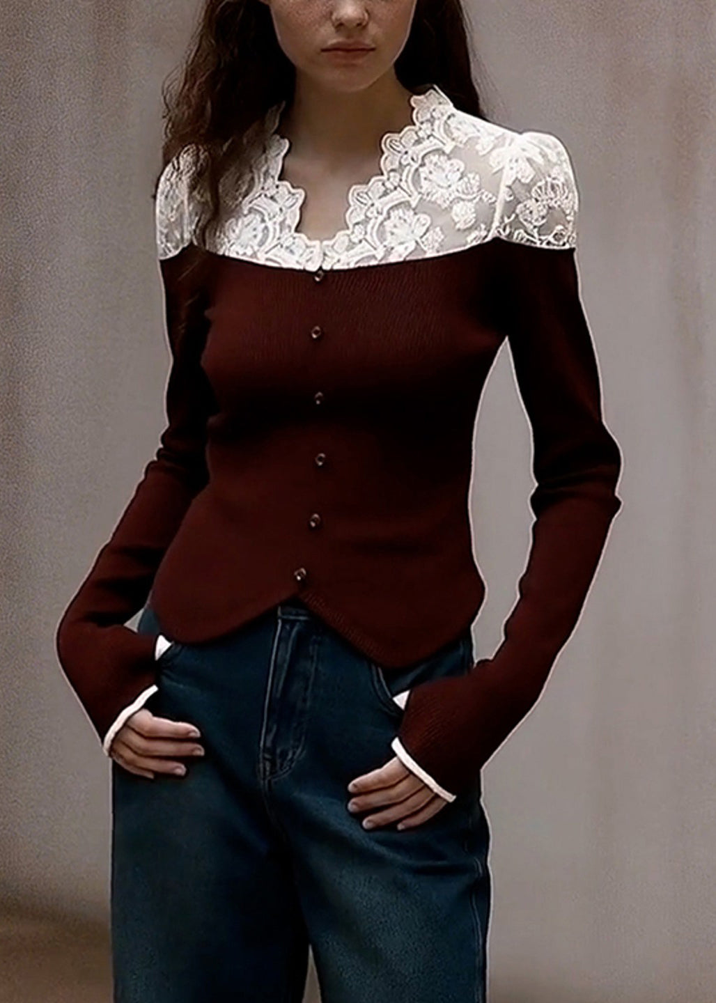 Style Brown V Neck Patchwork Lace Knit Shirts Spring