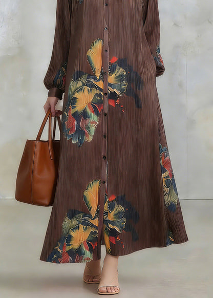 Loose Coffee Peter Pan Collar Print Maxi Dresses Lantern Sleeve