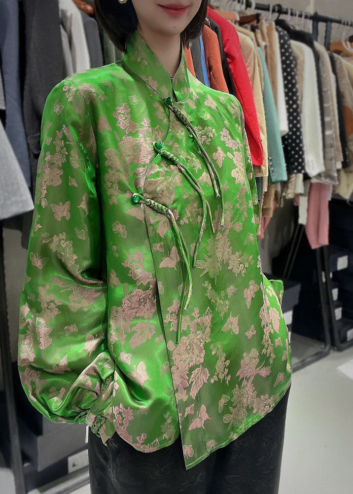 Chinese Style Green Button Stand Collar Jacquard Silk Coats Spring