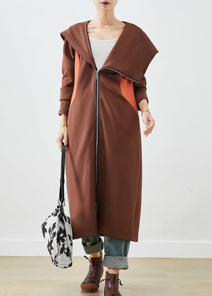 Chocolate Hooded Asymmetrical Patchwork Cotton Coat Fall