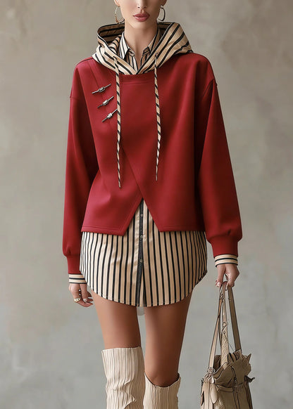 Unique Red Hooded Patchwork False Two Pieces Cotton Top Spring