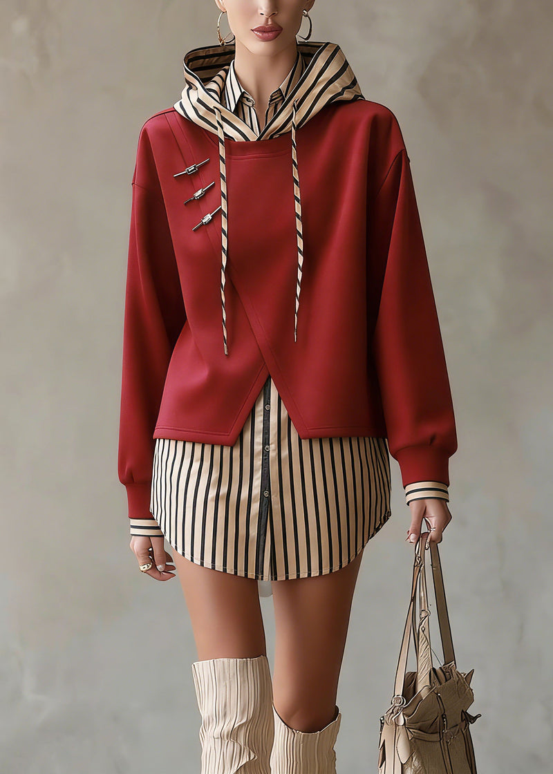 Unique Red Hooded Patchwork False Two Pieces Cotton Top Spring