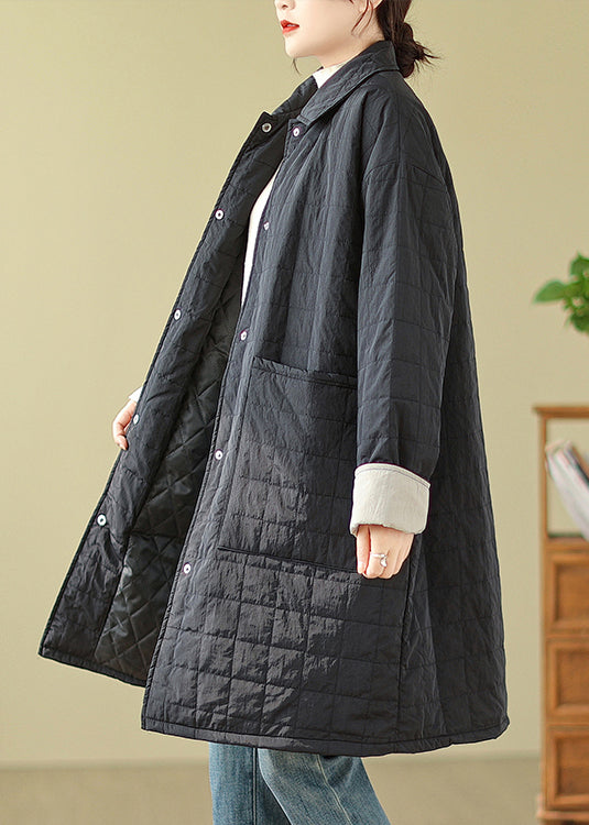Black Pockets Button Patchwork Fine Cotton Filled Coat Winter