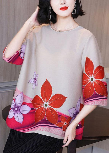 Loose Khaki Print O-neck Half Sleeve Tops