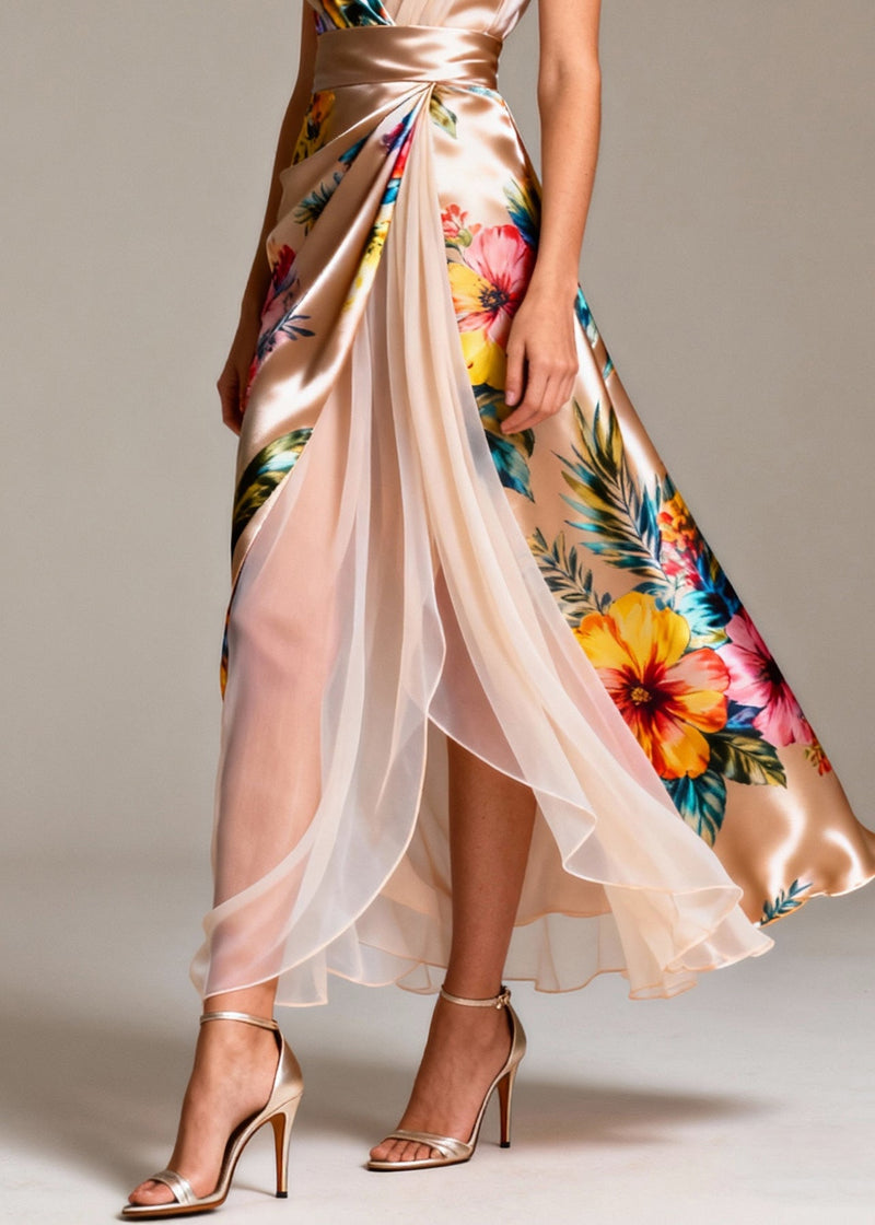 Champagne Patchwork Tulle Silk Holiday Dress Side Open Sleeveless Summer