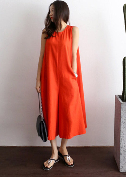 Red O-neck Pockets Jumpsuit Pants Summer