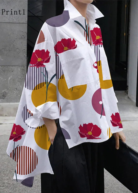 Natural Yellow Flower Peter Pan Collar Low High Design Button Pockets Cotton Shirts Long Sleeve Fall