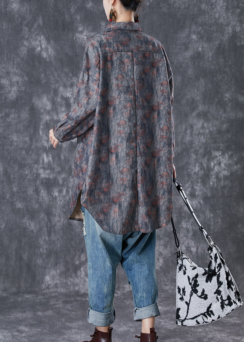 Grey Oversized Tie Dye Pockets Cotton Jackets Fall