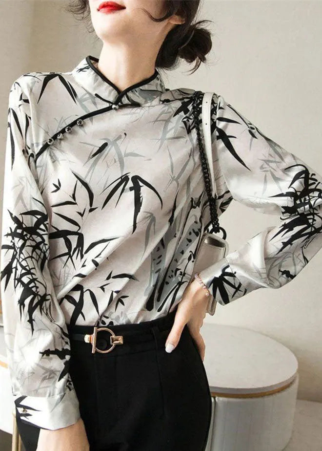 White Mandarin Collar Print Chiffon Shirt Top Spring