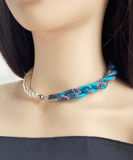 Blue Silk Patchwork Pearl Choker
