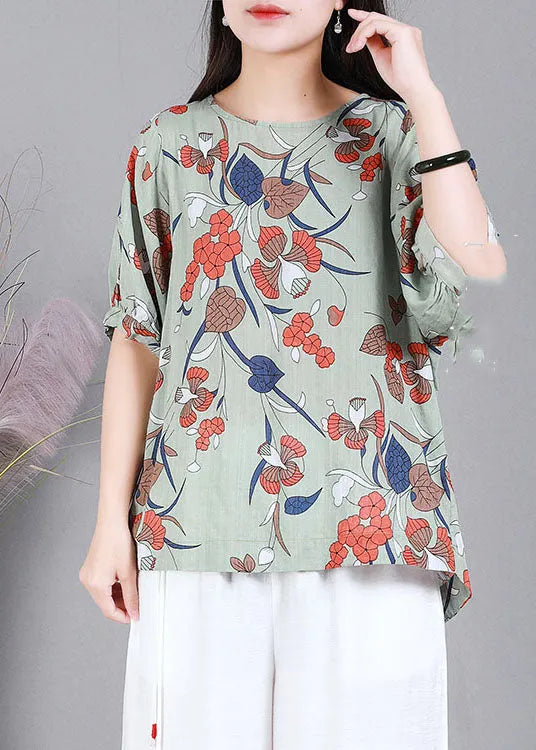 Italian Green O-neck Print Cotton Shirt Top Half Sleeve