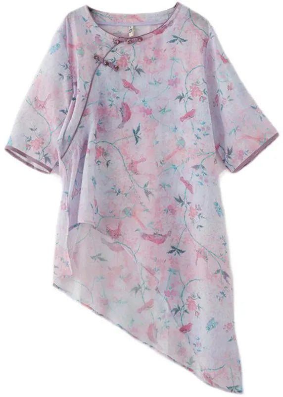 French Light Purple Print Oriental Asymmetrical Design Top Ramie Short Sleeve