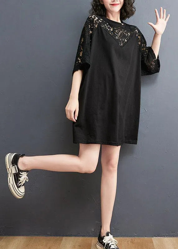 Black O-neck Hollow Out Half Sleeve Cotton Summer Top
