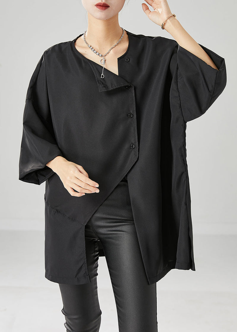Loose Black Asymmetrical Side Open Cotton Blouses Bracelet Sleeve