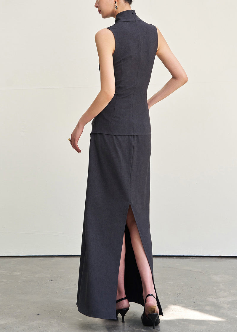 Italian Dark Gray V Neck Wrinkled Tank and Skirts Cotton Two Pieces Set Sleeveless