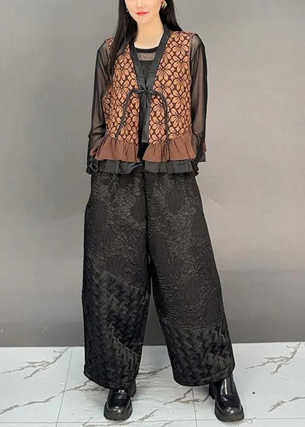 Brown V Neck Tassel Ruffled Cotton Vest Fall