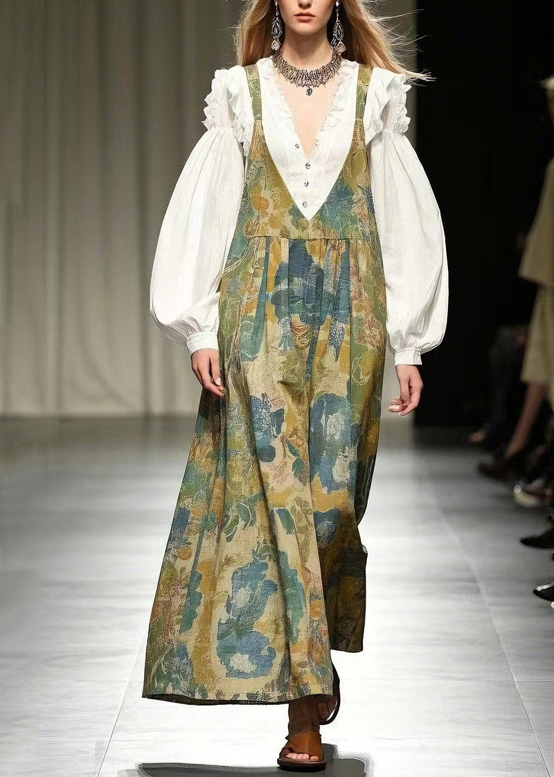 Loose Green Print Cotton Wide Leg Jumpsuits Summer