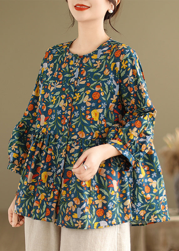 Green Print Patchwork Wrinkled Tops Fall