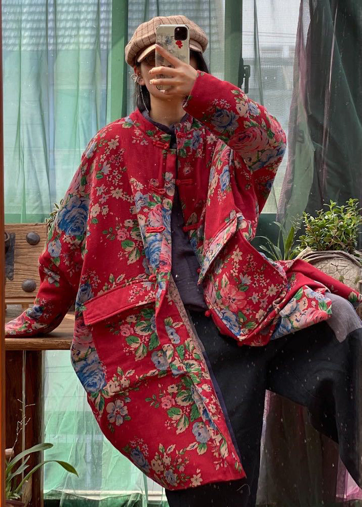Original Design Red Print Pockets Fine Cotton Filled Coat Winter