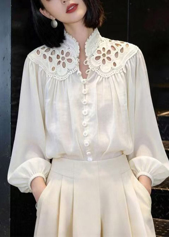 White Embroidered Hollow Out Lantern Shirt Spring