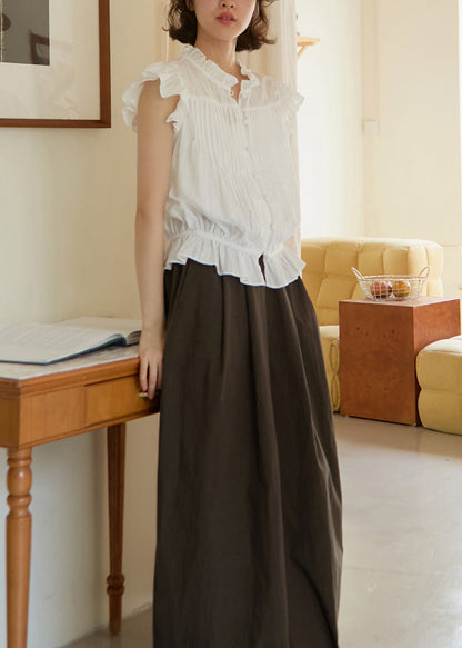 French White Ruffled Button Patchwork Cotton Blouses Summer