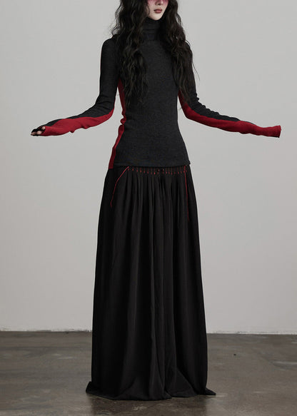 French Black Tasseled Draping Cotton Wide Leg Pants Spring