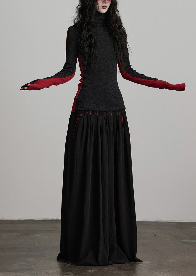 French Black Tasseled Draping Cotton Wide Leg Pants Spring