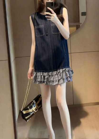 Navy Patchwork Denim Tea Dress Sleeveless