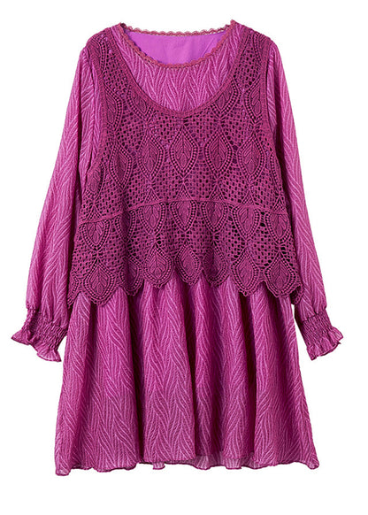 French Purple Hollow Out Knit Patchwork Vacation Chiffon Mid Dresses Lantern Sleeve