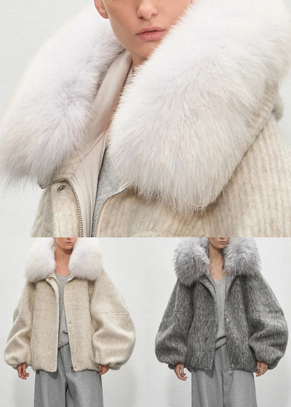 Grey Fur Collar Zippered Duck Down Puffer Coat Winter