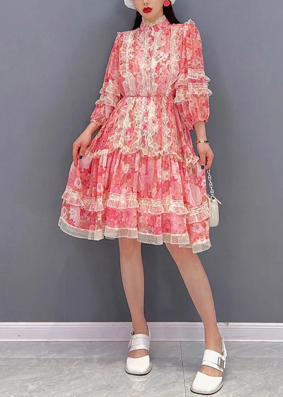 Vogue Red Stand Collar Print Patchwork Lace Ruffled Chiffon Dress Long Sleeve