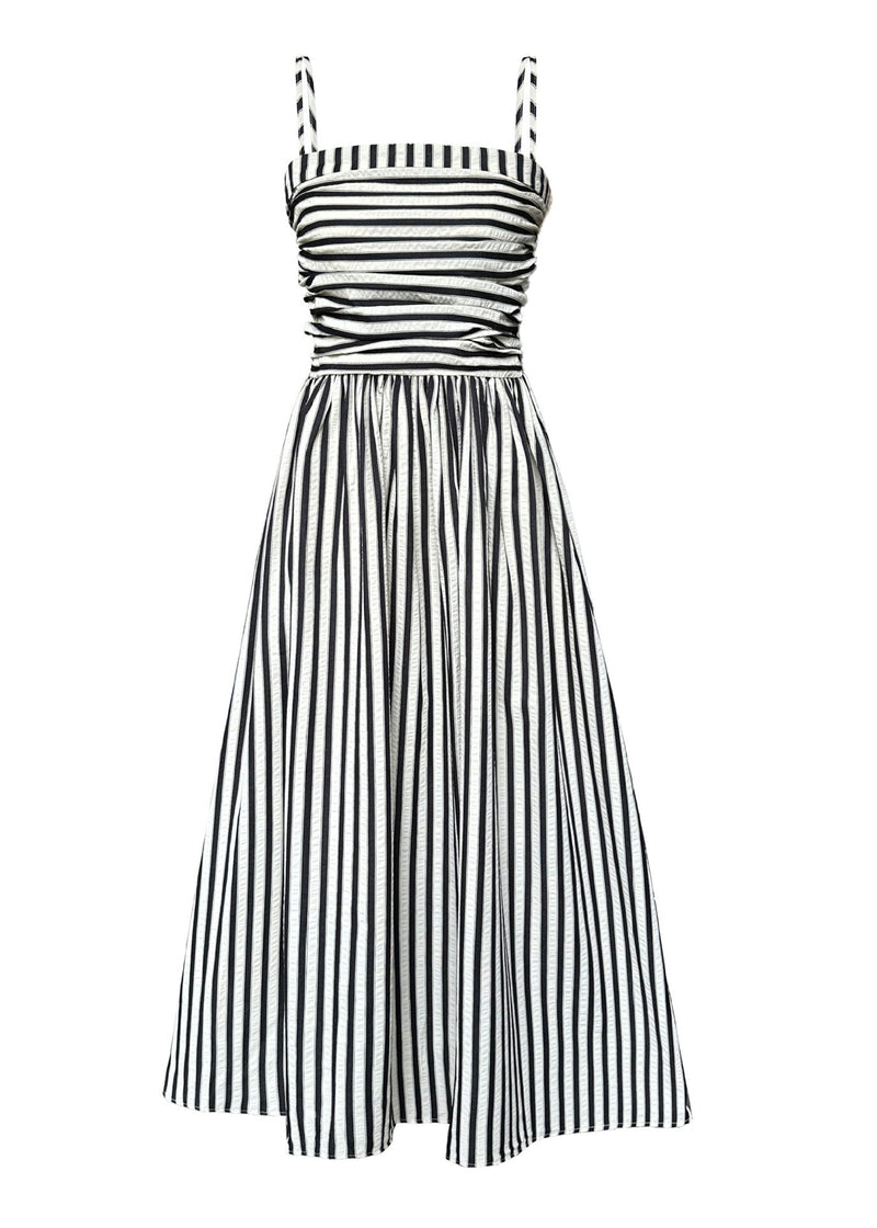 French Striped Cold Shoulder Wrinkled Spaghetti Strap Cotton Dress Summer
