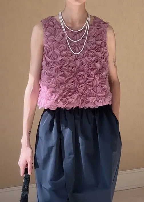 Pink O-neck Tulle Tank Sleeveless