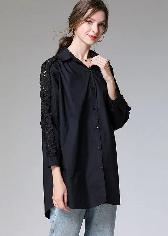 Black Embroideried Button Patchwork Top Fall
