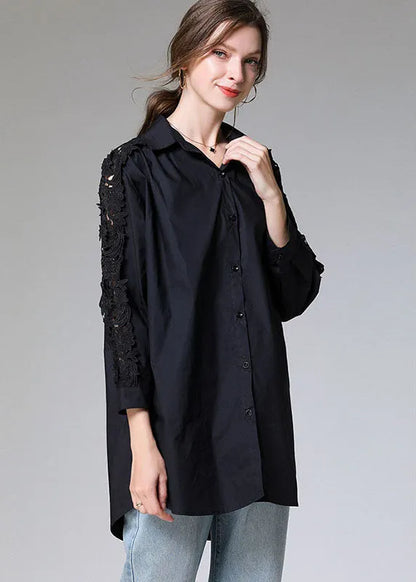 Black Embroideried Button Patchwork Top Fall