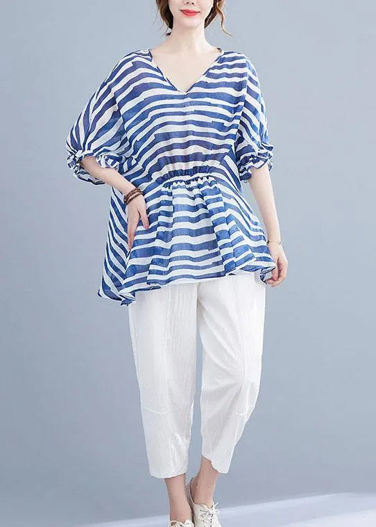 Diy Blue Loose Flare Sleeve V Neck Summer Shirts