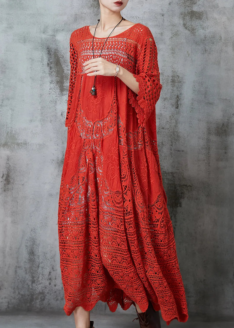 Red Oversized Hollow Out Cotton Holiday Dress Summer