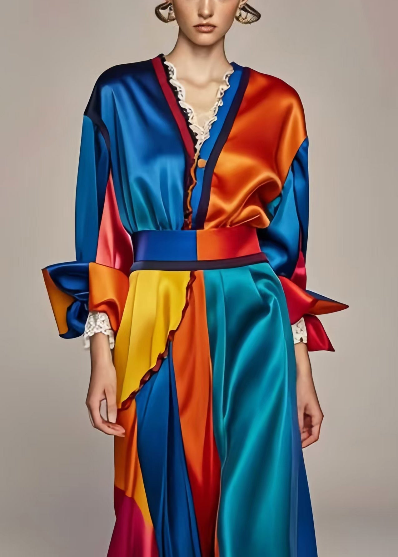 Blue Cinched Patchwork Silm Fit Silk Long Dresses Spring