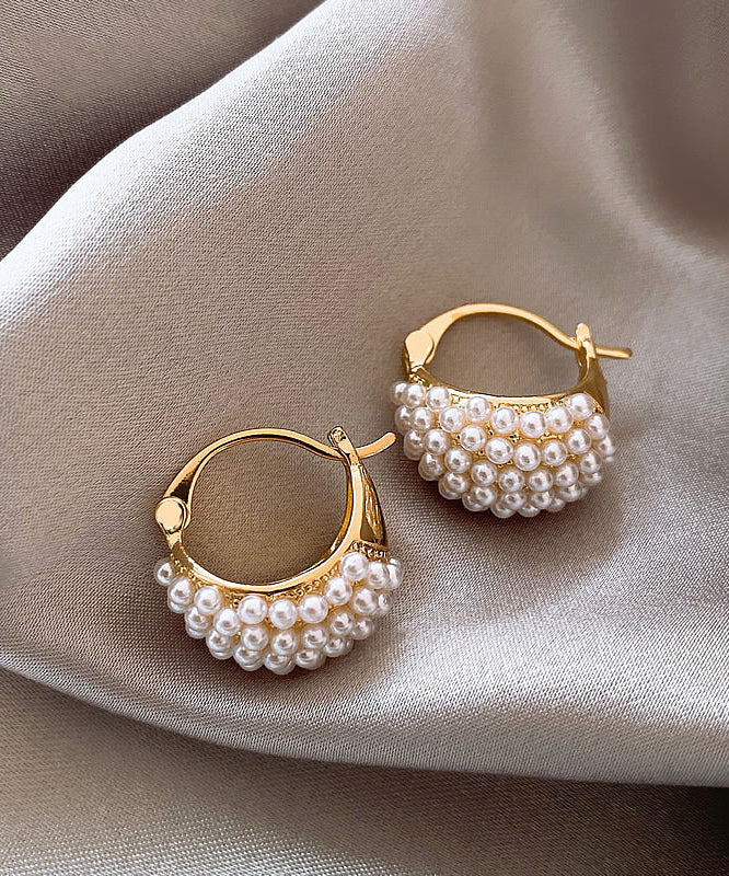 Gold Copper Alloy Pearl Hoop Earrings