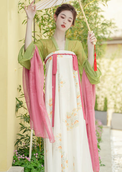 Classy Green Print Lace Up Patchwork Chiffon Tops and Dresses Two Pieces Set Fall